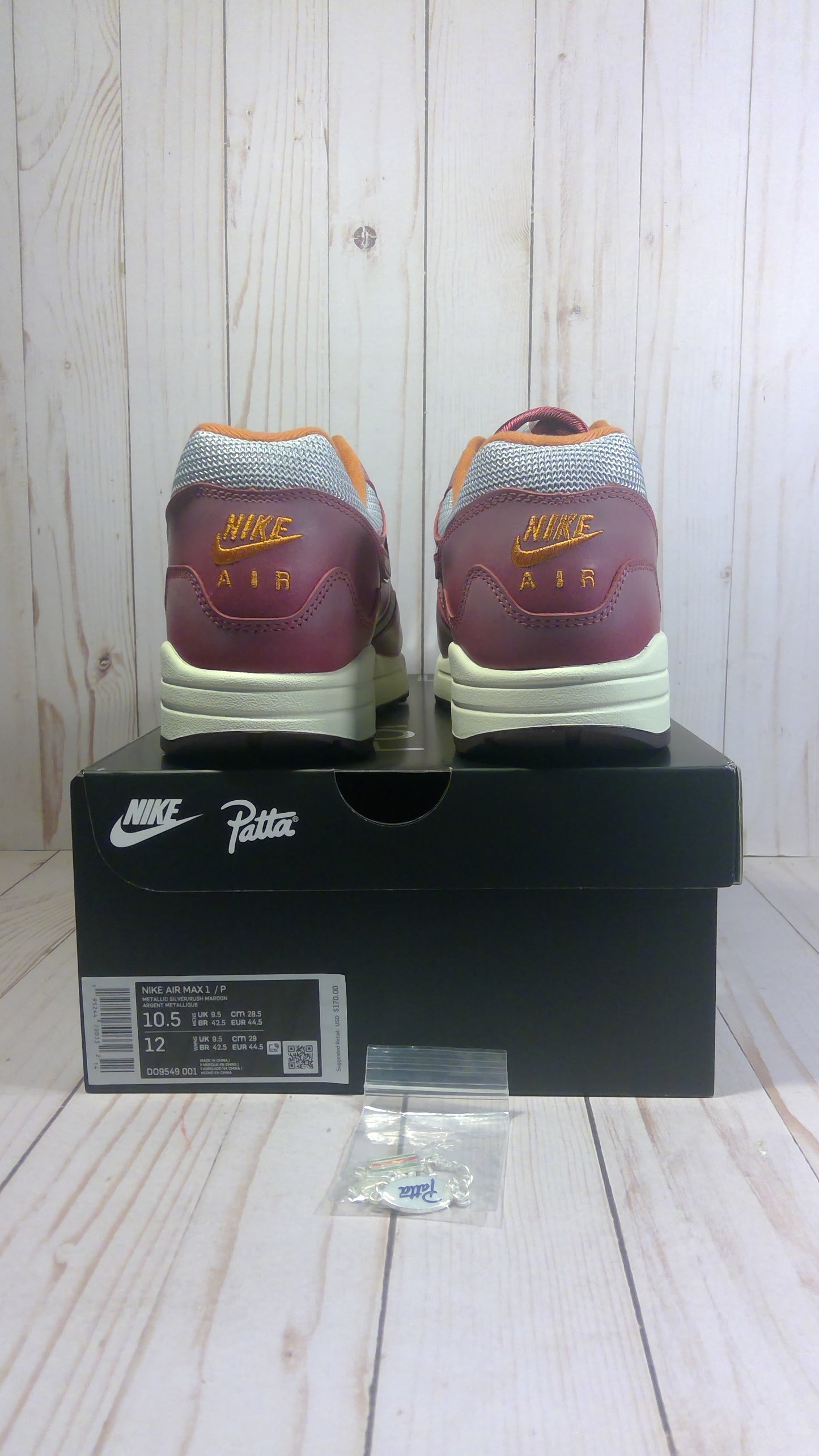 NIKE AIR MAX 1 - PATTA WAVES RUSH MAROON (WITH BRACELET) SIZE MEN'S 10.5 / WOMENS 12