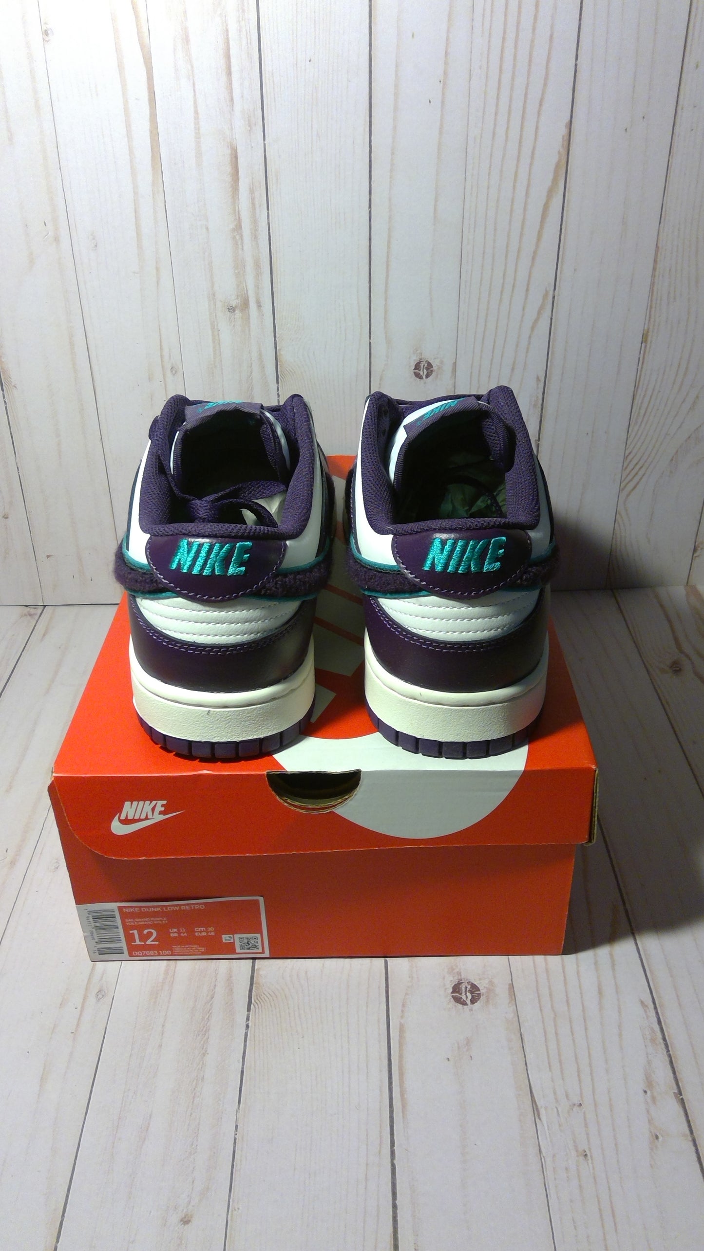 NIKE DUNK LOW RETRO - CHENILLE SWOOSH SAIL GRAND PURPLE - SIZE MEN'S 12